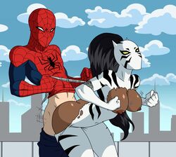 1boy 1girls aeolus06 alternate_version_available ava_ayala brown_hair dark-skinned_female dark_skin edit female interracial light-skinned_male light_skin male marvel peter_parker sex spider-man spider-man_(series) straight_hair suit ultimate_spider-man white_tiger_(marvel)