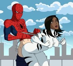 1boy 1girls aeolus06 alternate_version_available ava_ayala brown_hair dark-skinned_female dark_skin doggy_style edit female from_behind interracial light-skinned_male light_skin male marvel peter_parker sex spider-man spider-man_(series) straight_hair suit ultimate_spider-man white_tiger_(marvel)