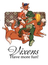 4girls alligator black_hair blonde_hair brown_hair fox fur furry green_scales imminent_sex interspecies nude red_fur red_hair rod_garth text