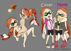 animal_humanoid ass bandeau boots bottomwear cephalopod cephalopod_humanoid clothing duo female female/female flat_chested footwear fur_trim green_eyes hand_holding hi_res humanoid incest inkling inkling_girl interlocked_fingers jacket looking_at_viewer marine marine_humanoid midriff model_sheet mollusk mollusk_humanoid multiple_positions nintendo nipples open_mouth original_character pussy shdingo shirt shorts sibling simple_background sister sisters sketch smile splatoon spread_legs spreading standing straddling tentacle tentacle_hair topwear video_games watermark young yuri