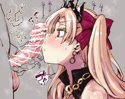 1boy 1girls bar_censor blonde_hair blush censored commentary_request diadem earrings ereshkigal_(fate) fate/grand_order fate_(series) female hair_ribbon jewelry long_hair penis penis_awe penis_on_face red_eyes reinoenu_(anon) ribbon smegma solo_focus straight twintails veins veiny_penis