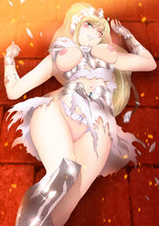 1girls armor blonde_hair breasts broken_armor bronze_saints female gauntlets green_eyes hair_ornament human long_hair lying medium_breasts navel nipples no_panties northern_crown_katya pale-skinned_female pale_skin photoshop pussy saint_seiya saint_seiya_saintia_sho shoulder_pads skirt thighs topless torn_clothes uncensored yadokari_genpachirou