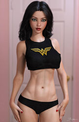 1girls 3d abs amazon belly_button black_hair black_panties black_shirt black_topwear blue_eyes breasts dc dc_comics donna_troy door erect_nipples erect_nipples_under_clothes eyeshadow female female_only hands_on_thighs human justice_league lipstick long_hair makeup mascara medium_breasts midriff nail_polish navel nipple_bulge nipples panties pinup red_lips red_lipstick red_nail_polish red_nails shirt signature solo standing stomach superheroine teen_titans themysciran tiangtam topwear troia wonder_girl wonder_woman_(series)