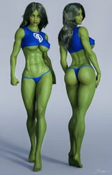 1girls 3d 3d_(artwork) abs alternate_costume ass back_view belly_button big_ass big_breasts blue_shirt blue_thong blue_topwear crop_top curvaceous curvy dat_ass eyeshadow fantastic_four female female_only from_behind front_view green_eyes green_hair green_lips green_lipstick green_skin hulk_(series) large_breasts lipstick long_hair looking_back makeup marvel marvel_comics mascara midriff nail_polish navel no_bra panties pinup purple_nail_polish purple_nails purple_toenails rear_view she-hulk shirt signature smile smiling solo stomach superheroine thick_ass thick_thighs thighs thong tiangtam tiptoes toenail_polish toned toned_female topwear underboob voluptuous voluptuous_female