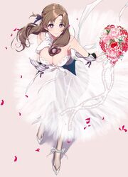 bouquet brown_hair cleavage do_you_love_your_mom_and_her_two-hit_multi-target_attacks? dress elbow_pads female female_only full_body gloves hair_ribbon hand_on_own_chest knees_together_feet_apart large_breast looking_at_viewer milf mother oosuki_mamako petals pochi_(pochi-goya) purple_eyes smile solo strapless_dress tsuujou_kougeki_ga_zentai_kougeki_de_ni-kai_kougeki_no_okaasan_wa_suki_desu_ka? white_gloves