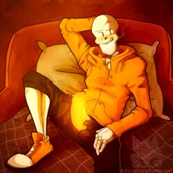 1:1 animated_skeleton bone clothed clothing humanoid humanoid_penis lizheru lizherubones male male_only orange_penis papyrus penis skeleton solo undead underswap undertale undertale_fanfiction video_games