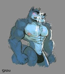 1male abs anthro biceps big_bulge big_muscles big_pecs blush bodily_fluids bulge canid canine canis clothed clothing cum cum_on_face digital_media_(artwork) fur gay genital_fluids hi_res male male_only mammal muscular muscular_male nipples pecs penis simple_background small_on_top solo spedumon topless ulfrick_(spedumon) underwear unimpressed wolf wulfrick