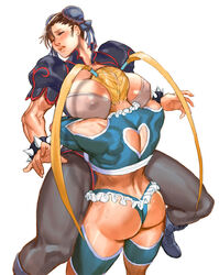 2girls alternate_color areolae bear_hug bearhug between_breasts blonde_hair bra bracelet breasts brown_hair capcom chinese_clothes chun-li cleavage covered_nipples curvy double_bun erect_nipples female female_only grey_bra head_in_chest heart_cutout huge_breasts jewelry kasai_x3 lejeanx3 multicolored_hair multiple_girls muscle muscular_female nipple_bulge nipples pantyhose rainbow_hair rainbow_mika see-through see-through_bra see-through_clothing see-through_top spiked_bracelet spikes street_fighter street_fighter_v twintails wrestling_outfit yuri