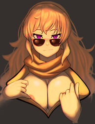 1girls adjusting_eyewear adjusting_glasses areola_slip aviator_sunglasses blonde_hair breasts cleavage clothed female huge_breasts looking_over_eyewear looking_over_glasses purple_eyes rimviolet rwby solo source_request sunglasses tinted_eyewear yang_xiao_long