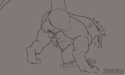 animated anthro anus ass backsack balls bodily_fluids cum cum_drip cum_on_ground dinosaur dripping erection genital_fluids greyscale humanoid_penis male male_only masturbation monochrome muscular muscular_male penetrable_sex_toy penis reptile scalie sex_toy solo standing tongue tongue_out zoma zomacaius