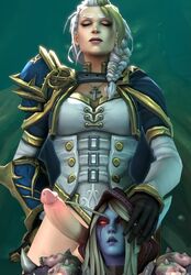 1futa 1girls 3d alliance_dominance balls blonde_hair blue_skin bottomless breasts cloak curvy domination erection female femsub futa_on_female futadom futanari hand_on_head human intersex jaina_proudmoore large_balls large_breasts large_penis long_penis netfuta partially_clothed penis penis_out red_eyes render source_filmmaker sylvanas_windrunner white_hair world_of_warcraft