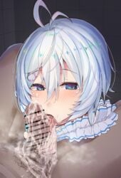 .live antenna_hair bar_censor blue_eyes blush censored cum dark-skinned_male dennou_shoujo_youtuber_shiro fellatio highres licking_penis looking_at_viewer open_mouth oral pov siro_(dennou_shoujo_youtuber_siro) suushiki tongue tongue_out virtual_youtuber white_hair