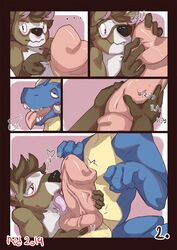 2019 anthro anthro_on_feral blush comic digital_media_(artwork) dirtyturquoise dragon duo feral hi_res licking male male/male oral penile penis penis_lick ringtail sex size_difference tongue tongue_out zoophilia