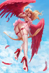 1girls angel angel_wings artist_signature ass blonde_hair blue_eyes bow bow_(weapon) bracer breasts cameltoe clothing cupid curvy cutout eyelashes feathered_wings feathers female female_only flying garter_straps hair halo heart high_heels lingerie long_hair looking_at_viewer nipple_bulge panties pink_shirt pink_skirt prywinko red_heels red_panties red_wings skirt solo solo_female thighhighs transparent_clothing upskirt white_legwear white_thighhighs wings