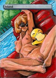 breasts card_edit human human_only izidio kasumi_(pokemon) labia looking_over_eyewear looking_over_glasses looking_over_sunglasses lying_on_back magic_the_gathering navel nude pokemon pool psyduck pussy pussy_lips red_hair short_hair sunglasses swimming_pool tagme tinted_eyewear vagina