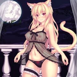 1girls abs ass bare_shoulders belly breasts brown_hair cat_ears cat_girl cat_tail catgirl clothed curtains female looking_at_viewer moon navel negligee night nightgown nipples orange_eyes original_character panties see-through sky smile solo source_request tail thick_thighs thigh_gap thighs tiffy tiffynyaa wide_hips yellow_skin