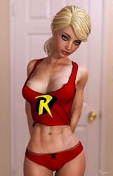 1girls 3d areola_slip areolae arms_behind_back batman_(series) belly_button blonde_hair breasts cleavage curvaceous curvy dc dc_comics door erect_nipples erect_nipples_under_clothes eyeshadow female female_only green_eyes human large_breasts lipstick long_hair makeup mascara midriff muscular_female navel nipple_bulge nipple_slip nipples panties partially_visible_nipples picot_trim picot_trim_panties pink_areola pink_nipples pinup ponytail red_lips red_lipstick red_panties red_shirt red_topwear robin_(dc) robin_(stephanie_brown) shirt solo spoiler_(dc) standing stephanie_brown stomach superheroine teenager thighs tiangtam topwear