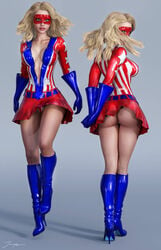 1girls 3d american_flag american_flag_armwear american_flag_shirt back_view blonde_hair blue_eyes blue_gloves blue_heels blue_high_heels blue_kneehighs boots cleavage dress erect_nipples erect_nipples_under_clothes eyeshadow female female_only femforce flying from_behind front_view gloves green_eyes hair_flip heels high_heel_boots high_heels human jennifer_(wayne)_burke kneehighs leather_boots lipstick makeup mascara mask miniskirt ms._victory nipple_bulge nipples panties pinup red_dress red_lips red_lipstick red_mask red_miniskirt red_panties red_skirt red_thong short_hair signature skirt solo superheroine thigh_boots thigh_high_boots thighhigh_boots thighs thong tiangtam upskirt white_panties white_thong