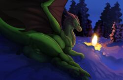 2019 ass campfire claws digital_media_(artwork) digitigrade dragon female feral fire forest green_scales hi_res hindpaw horn ishiru looking_at_viewer looking_back lying naughty_face on_side outside pawpads paws plump_labia presenting presenting_hindquarters pussy raised_tail rear_view rynnion scales scalie smile smirk snow solo solo_focus tongue tree wallpaper wings