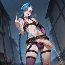 1futa ai_generated bikini_top blue_hair flipping_off flipping_viewer_off futanari grin jinx_(league_of_legends) large_penis league_of_legends looking_at_viewer middle_finger nixfluce peeing penis purple_eyes short_shorts smug smug_face tattoo tattooed_arm tattoos urination veiny_penis wardrobe_malfunction