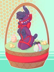anthro basket bedroom_eyes big_ears blue_hair blue_piercing bondage bound bow_ribbon breasts cheek_tuft container ear_piercing easter easter_basket easter_egg erect_nipples facial_tuft female fluffy fluffy_hair fluffy_tail hair harness holidays lagomorph leporid licking licking_lips licking_own_lips mammal multiple_piercings muzzle_(object) muzzled narrowed_eyes nipples peeps piercing pink_piercing purple_body rabbit red_harness red_ribbon ribbons sammywhich seductive self_lick short_hair solo submissive submissive_anthro submissive_female tail tongue tongue_out tuft yellow_piercing