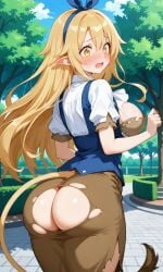 ai_generated ass blush breasts disgaea disgaea_5 embarrassed exposed_ass large_breasts liezerota lion_tail no_panties thick_ass torn_clothes torn_shirt torn_skirt