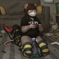 absurd_res anthro bondage bondage bound brown_body brown_fur brown_hair bulge bulge_in_face bulge_sniffing clothed clothing collar controller dirty dirty_clothing dirty_socks dominant dominant_gynomorph dominant_intersex duo electronics emmetalbenny facesitting fish footwear frogtied fur furniture gag gagged game_controller gaming green_hair gynomorph gynomorph/male hair hands_behind_back head_between_thighs hi_res intersex intersex/male legs_tied legwear male mammal marine messy_room murid murine musk pantyhood pattern_clothing pattern_legwear pattern_stockings playing_video_game rat rodent shark shirt sitting sitting_on_another smitty_(smitty_the_shark) sniffing sniffing_clothes socks stirrup_legwear stirrup_stockings stockings striped_clothing striped_legwear striped_stockings stripes submissive submissive_male tail topwear underwear underwear_on_face underwear_sniffing