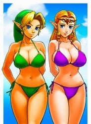 2girls ai_generated bikini blonde_hair breasts elf_ears genderswap_(mtf) green_bikini jewelry large_breasts link link_(ocarina_of_time) of princess_zelda purple_bikini rule_63 short_hair the_legend_of_zelda the_legend_of_zelda:_ocarina_of_time zelda_(ocarina_of_time)