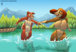 2025 5_fingers absurd_res animal_genitalia anthro anthro_on_anthro balls big_breasts bird_dog black_nose boat breasts brown_body brown_fur bruce_mckenna canid canine canis casual_nudity cocker_spaniel denlusty domestic_dog duo female fingers fur genitals happy hi_res holding_wrist humanoid_hands hunting_dog husband_and_wife husky lake male male/female mammal married_couple mixed_breed mountain nature navel nipples nordic_sled_dog nude nude_anthro nude_female nude_male open_mouth open_smile outdoor_nudity outside partially_submerged plant running sally_thomasine schnauzer sheath signature skinny_dipping smile social_nudity spaniel spitz splash splashing_water story story_in_description tongue tree vehicle vulva water watercraft