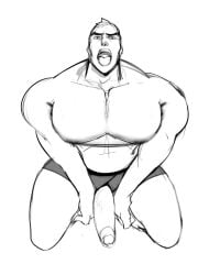 balls bara big_penis boner erection male male_only monochrome muscles muscular on_knees overwatch penis penis_out scruffley sigma_(overwatch) solo solo_male