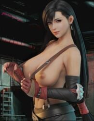 1girls 3d areola black_hair blender breasts earrings female female_only final_fantasy final_fantasy_vii gamingarzia gloves large_breasts long_hair looking_at_viewer nipples red_eyes skirt solo suspenders tifa_lockhart topless