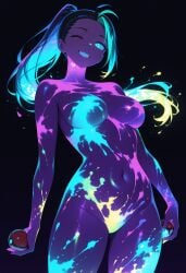 ai_generated blacklight bodypaint glowing glowing_eyes glowing_hair looking_at_viewer nemona_(pokemon) no_nipples nude one_eye_closed paint pokeball pokemon scarletai_ smile stable_diffusion standing ultraviolet_light