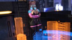 1girls 3d 3d_model auditour breasts cleavage cyberpunk daz_studio female large_breasts light-skinned_female light_skin original_character pink_hair rit_(auditour) sci-fi_gun solo