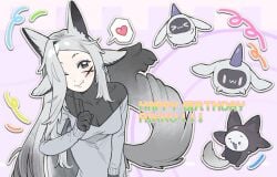 animal_ears blush breasts dya_rikku_(vtuber) english_text female fox_ears fox_tail grey_hair heart long_hair looking_at_viewer one_eye_closed smile solo spoken_heart striped striped_background sweater tail tail_wagging vyugen white_fur wolf_tail