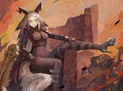armor armored_boots bangs belt bodysuit boots breasts cape closed_mouth dya_rikku_(vtuber) female greaves high_heels horns long_hair long_sleeves looking_at_viewer medium_breasts pale_skin ruins shoulder_armor sitting smile solo vyugen white_hair yellow_eyes
