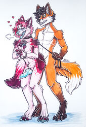 absurd_res anal anal_sex anthro bodily_fluids canid canine canis collar duo fox from_behind_position genital_fluids grin handcuffs hi_res knot leash leash_pull liczka male male/male mammal painting_(artwork) penetration penis precum sex shackles smile standing tongue tongue_out traditional_media_(artwork) watercolor_(artwork) wolf