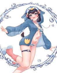 :d bangs bikini black_hair blue_bikini blue_eyes blush breasts collarbone eyebrows_visible_through_hair female full_body hair_ornament hood jacket leg_up lilnoot_(vtuber) long_hair long_sleeves looking_at_viewer medium_breasts navel open_clothes open_mouth outstretched_arms smile socks solo standing standing_on_one_leg striped striped_bikini swimsuit thigh_strap water water_drop white_background