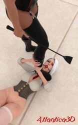 3d ashe_(overwatch) atlantica3d ball_gag ballgag blizzard_entertainment boots corset dark-skinned_female dark_skin domination femdom fishnets grabbing_leg nail_polish overwatch pharah stepping_on_female tagme watermark whip white_hair yuri