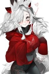 animal_ears bangs blush breasts dya_rikku_(vtuber) eyebrows_visible_through_hair female fur_trim grey_eyes heart jacket long_hair long_sleeves looking_at_viewer multicolored_hair red_hair silver_hair simple_background smile solo streaked_hair tail two_side_up vyugen white_background wolf_ears wolf_tail