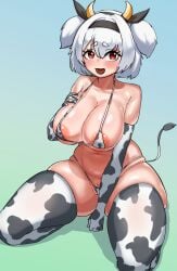 alvis_(last_origin) areola_slip bikini cow_girl cow_horns cow_print from_above hand_on_breast kneeling large_breasts last_origin micro_bikini thighhighs