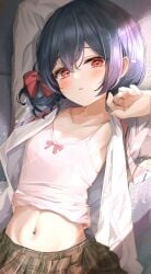 1girls absurdres armpits arms_up black_hair blush bow brown_skirt camisole collarbone flat_chest groin hair_bun hairbow highres idolmaster idolmaster_shiny_colors linea_alba looking_at_viewer lying midriff morino_rinze navel on_back open_clothes open_shirt pink_camisole plaid_clothes plaid_skirt pleated_skirt red_eyes school_uniform shirt single_side_bun skirt sky_cappuccino solo white_shirt