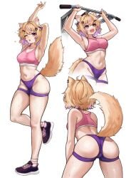 abs animal_ear_fluff animal_ears armpits arms_up ass blonde_hair breasts eyebrows_visible_through_hair female flying_sweatdrops full_body hair_ornament indie_virtual_youtuber looking_at_viewer multiple_views navel oerba_yun_fang one_eye_closed open_mouth shoes short_hair sneakers sports_bra squchan_(vtuber) standing stomach sweat tail virtual_youtuber vtuber vyugen white_background
