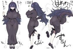 1girls ahoge alternate_breast_size ass ass_in_dress breasts clothed dress falling feet female female_only hairband hex_maniac huge_breasts kedamono_kangoku-tou large_ass leg_up long_hair looking_at_viewer looking_back model_sheet motion_lines musical_note nintendo open_mouth pokemon pokemon_xy pose purple_eyes purple_hair shoes sideboob smile soles solo text thick_thighs toes white_background wide_hips