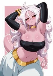 1girls 2025 android_21 android_21_(evil) armwear big_breasts black_sclera blush breast_squish cleavage dragon_ball dragon_ball_fighterz earrings eyelashes female female_only hands_behind_head hi_res long_hair looking_at_viewer majin majin_android_21 narrowed_eyes pink_skin pointy_ears red_eyes solo tail topwear vizaz white_hair