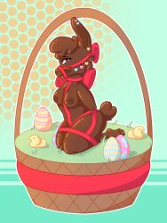 anthro basket bedroom_eyes big_ears blue_piercing bondage bound bow_ribbon breasts brown_body candy cheek_tuft chocolate chocolate_covered container dessert ear_piercing easter easter_basket easter_egg erect_nipples facial_tuft female fluffy fluffy_hair fluffy_tail food hair harness holidays lagomorph leporid licking licking_lips licking_own_lips mammal multiple_piercings muzzle_(object) muzzled narrowed_eyes nipples peeps piercing pink_piercing rabbit red_harness red_ribbon ribbons sammywhich seductive self_lick solo submissive submissive_anthro submissive_female tail tongue tongue_out tuft yellow_piercing