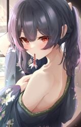 1girls absurdres adjusting_hair back bare_shoulders black_hair black_kimono blush closed_mouth dot_nose floral_print from_side hair_between_eyes hair_tie_in_mouth hand_on_own_chest highres idolmaster idolmaster_shiny_colors japanese_clothes kimono long_hair long_sleeves looking_at_viewer median_furrow morino_rinze mouth_hold off_shoulder ponytail print_kimono red_eyes sidelocks sky_cappuccino solo upper_body wide_sleeves