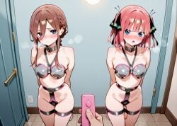 2girls ai_generated benmccannon_(artist) blue_eyes bondage brown_hair chastity_belt chastity_bra female_chastity go-toubun_no_hanayome male_pov metal_collar nakano_miku nakano_nino pink_hair quintessential_quintuplets vibrator_remote