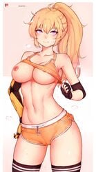 1girls abs areolae blonde_hair bluefield breasts cameltoe female female_only looking_at_viewer nipples prosthetic prosthetic_arm robotic_arm rwby short_shorts solo sweat sweaty_breasts thighhighs yang_xiao_long