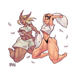 2girls abs big_ass big_butt big_hips black_hair blonde_hair bottom_heavy dark-skinned_female feathers female female_only fur furry highleg highleg_panties huge_hips iranon muscles muscular muscular_female muscular_thighs original_character pajamas pillow pillow_fight pillows short_sleeves simple_background six_pack smile tank_top vongrauenhausen white_background