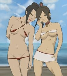 2girls :3 anaxus areolae areolae_slip avatar_the_last_airbender azula barely_visible_genitalia big_breasts bikini bra brown_eyes brown_hair choker clothing female female_only gold_eyes hourglass_figure human looking_at_viewer medium_breasts midriff multiple_girls nipple_peek offscreen_character pussy skimpy_clothes skirt small_breasts smug swimsuit ty_lee underboob vagina